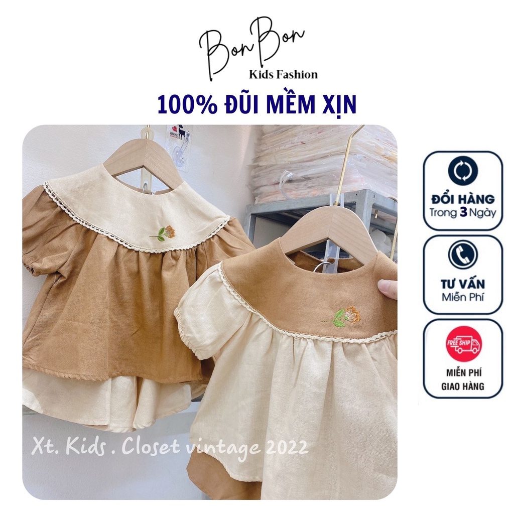 Váy Vintage Bé Gái, Đồ Bộ Cho Bé Gái Chất Đũi Lanh Mềm Mại Thêu Hoa 1 2 3 4 5 6 tuổi Bonbon.Kids M20