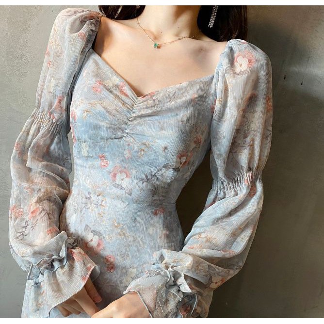 (HÀNG SẴN) Váy voan hoa hồng ngọt ngào cổ vuông dài tay xòe công chúa style kiểu Pháp lãng mạn (HÀNG MỚI 2020) | BigBuy360 - bigbuy360.vn