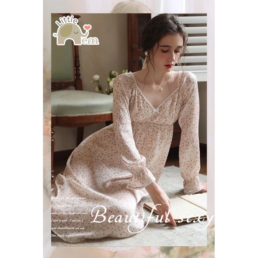 Váy ngủ tiểu thư dài tay chất lụa cao cấp - Hoa nhí
