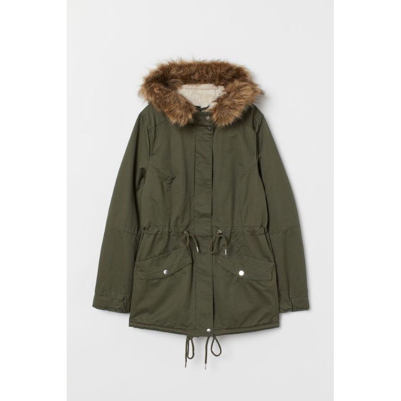 Bill Đức- Áo Khoác HM Parka có lót lông màu rêu, đen, Size 34, 36