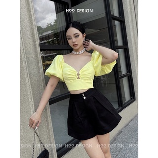 Áo Croptop Tay Phồng Phối Khoen Ngực Khóa Kim Loại Sau Lưng Màu Vàng Chanh - HOO DESIGN