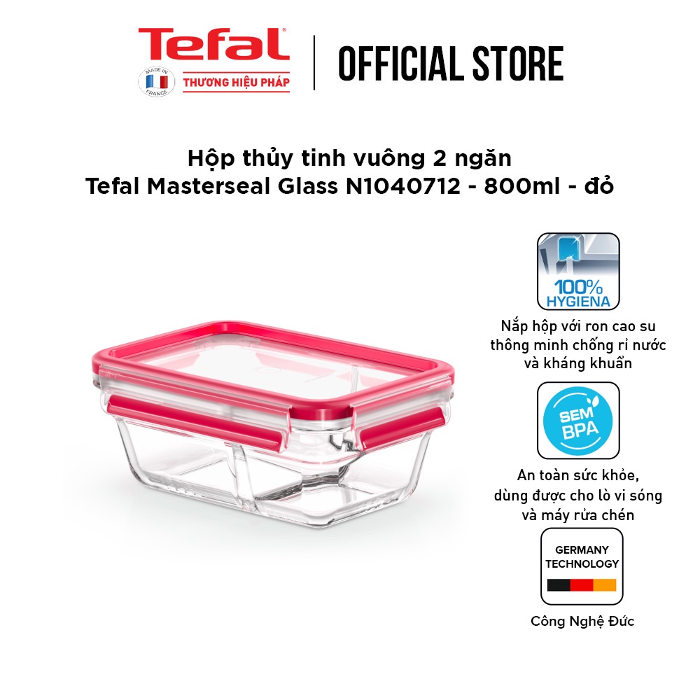 [LIFEMC11BPC -8% đơn 350K] Hộp thủy tinh vuông 2 ngăn Tefal Masterseal N1040712 - 800ml - đỏ