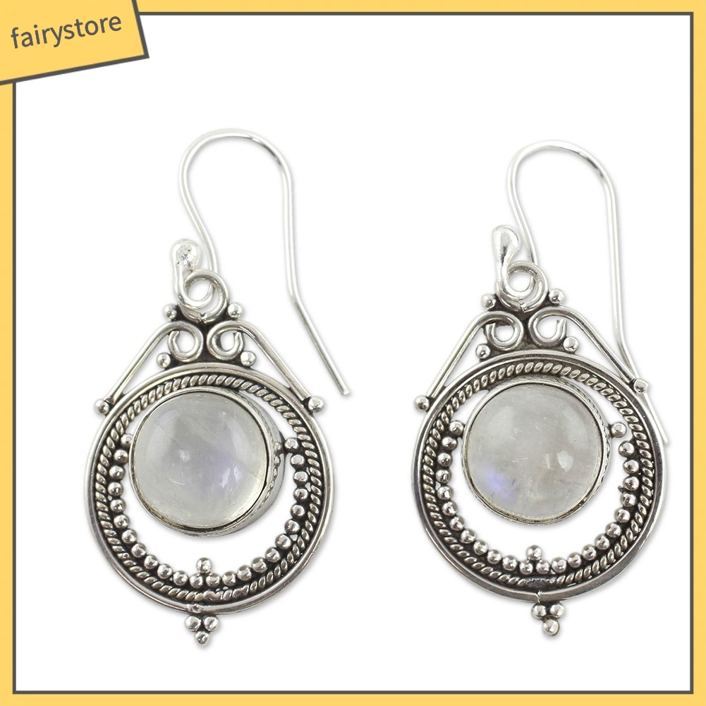 Bông tai kim loại đính đá mặt trăng nhân tạo vintage cho nữ