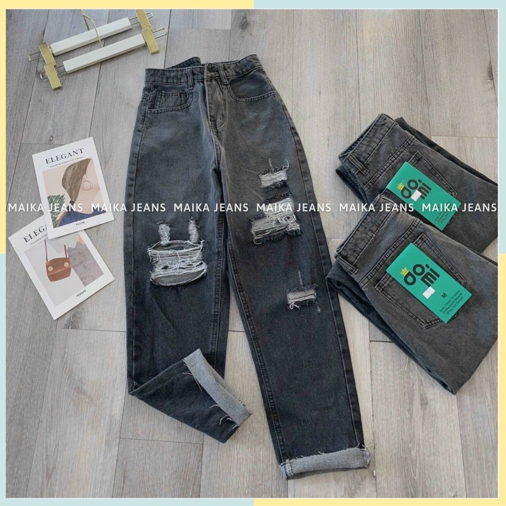 (Hottrend) Quần Jeans  Baggy Rách  Đen Loang  Nữ Lưng Cao Tôn Dáng Shop MaiKa Jeans [Hình tự chụp ]