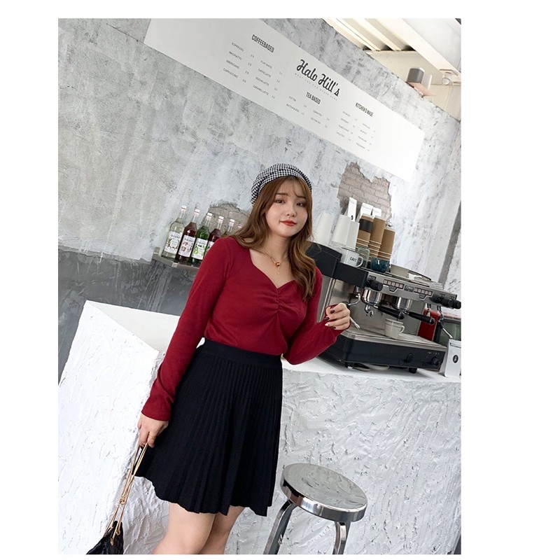 Áo thun gân big size tay dài cổ U nhún ngực size đại 70-110kg