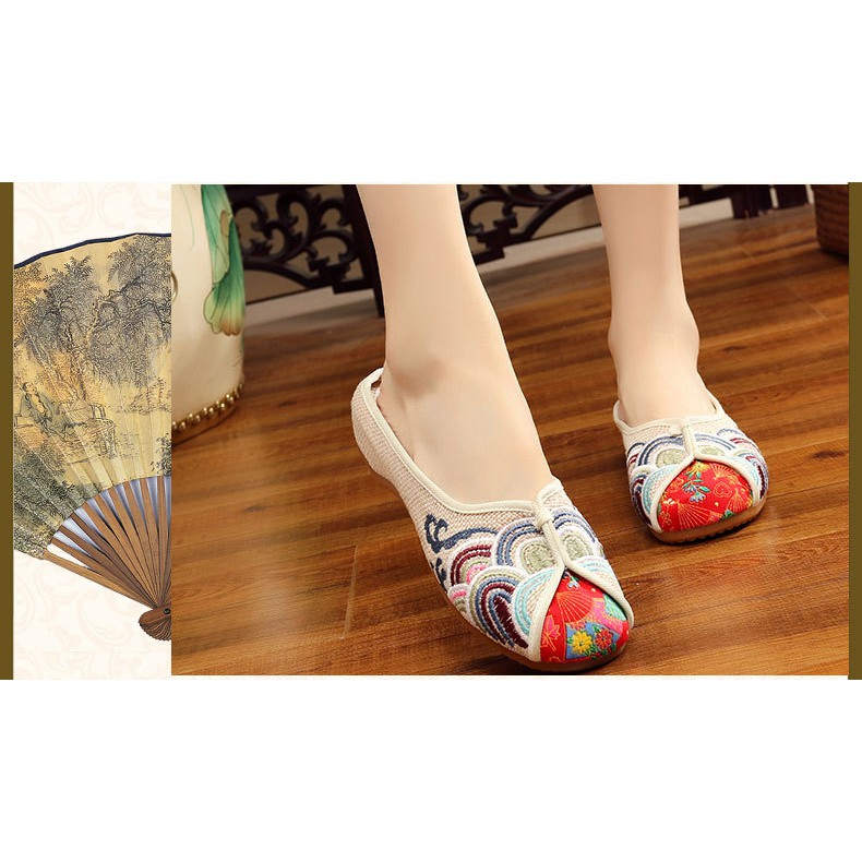 Giày búp bê thêu họa tiết phong cách Trung Hoa thanh lịch dành cho nữ