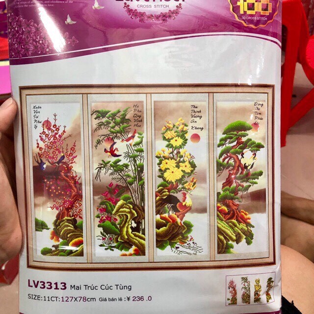 Tranh thêu chữ thập Tứ Quý Tùng Cúc Trúc Mai 3d LV3313 kt 125x78cm
