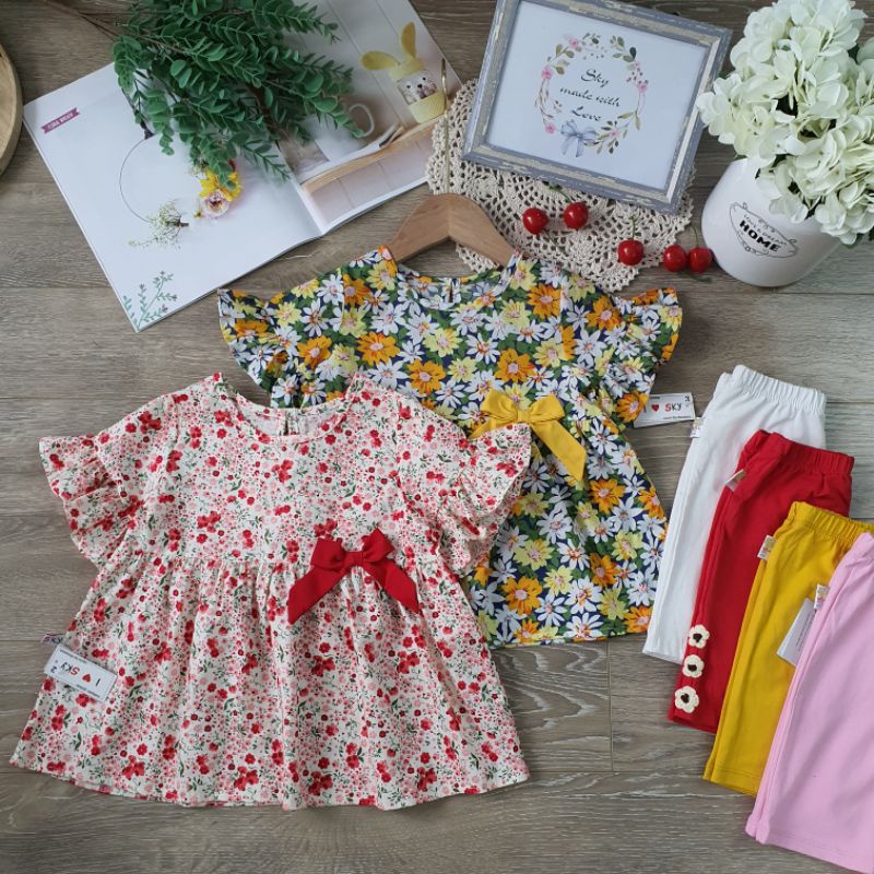Bộ áo váy hoa nhí rực rỡ ghép quần legging xinh bé gái/khách tùy chọn màu quần ghép bộ