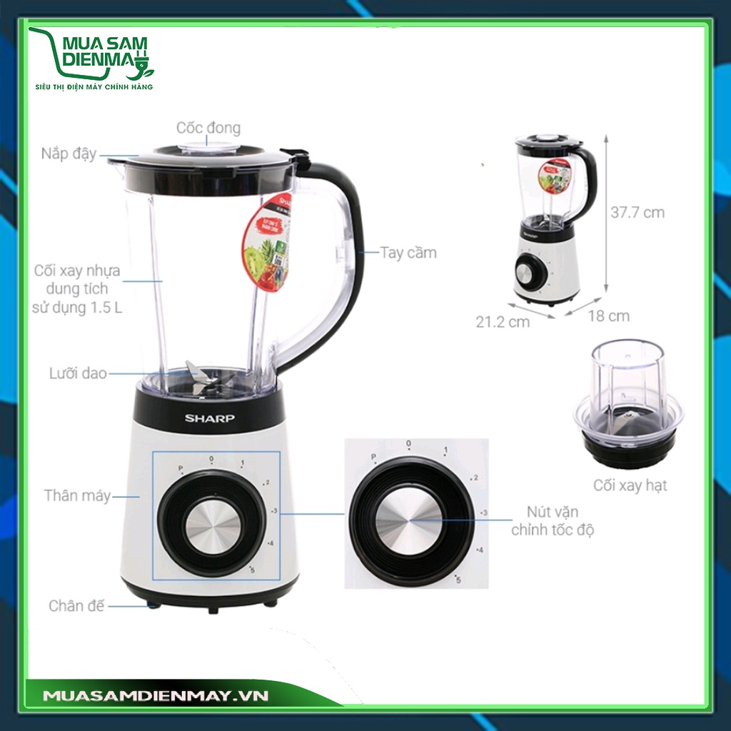 Máy xay sinh tố cầm tay mini công nghiệp đa năng 1.5 lít Sharp EM-S155PV-WH chính hãng xay thịt hạt khô gia vị ngũ cốc