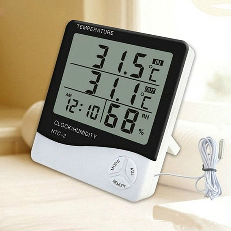 Nhiệt kế đo độ ẩm màn hình LCD kỹ thuật số kèm đồng hồ tiện lợi cho nhà ở HTC-2