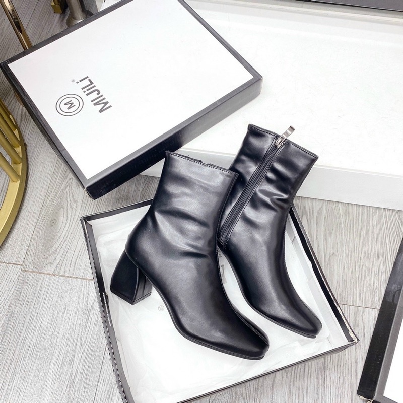 Boot lửng da mềm mũi tròn gót vuông Miji da xi siêu xinh
