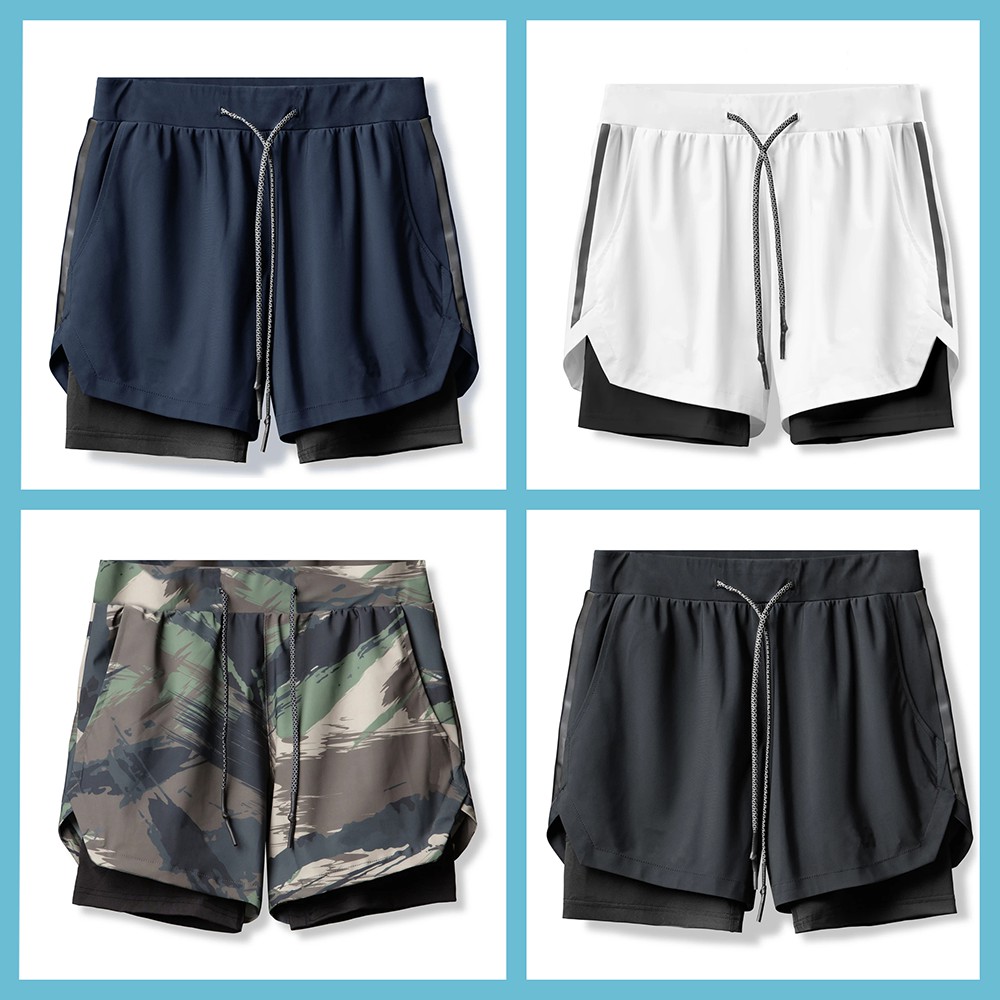 Quần đùi 2 lớp nam tập gym, chạy bộ, chơi thể thao cao cấp phối viền (2LPV)