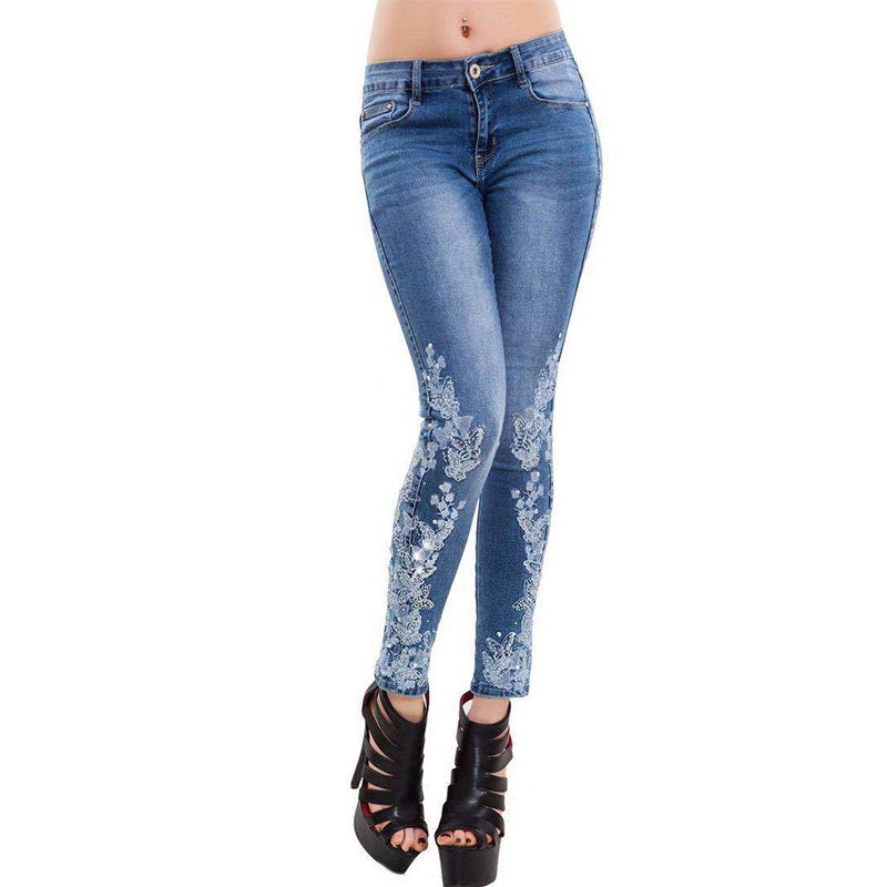 Quần Jeans Skinny Lưng Cao Thêu Họa Tiết Đính Đá Sang Trọng