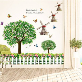 Decal dán tường combo cây xanh và cỗi xay gió hàng rào trắng