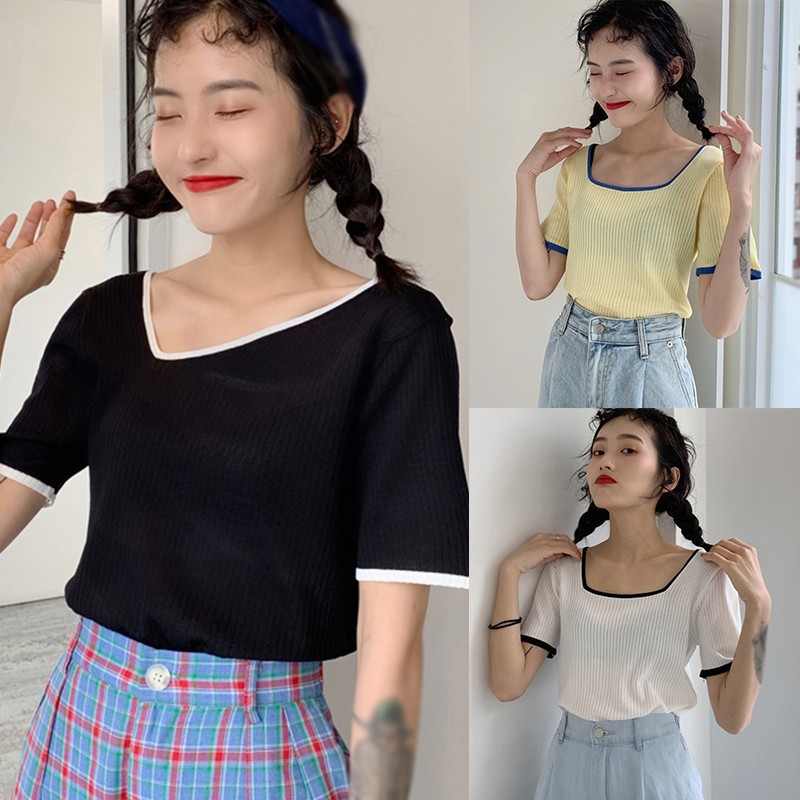 Áo Croptop Dệt Kim Tay Ngắn Cổ Vuông Màu Tương Phản
