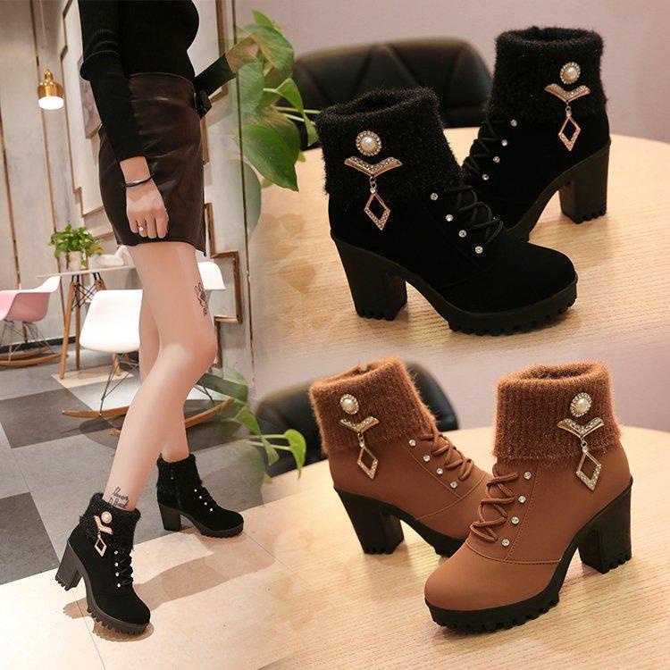 Giày Boot Cao Gót Lót Nhung Giữ Ấm Thiết Kế Mới Thời Trang Mùa Thu Đông Dành Cho Nữ