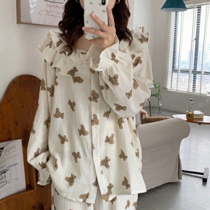 Đồ ngủ pijama dài tay đồ mặc nhà đũi xốp gấu nâu cổ bèo hè thu đông Hàn Quốc ullzang