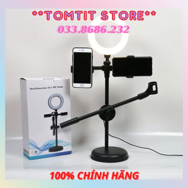 Đèn Live Stream 4in1 Để Bàn Có Chân Đỡ Micro LivesTream Hai Điện Thoại - Bộ Giá Đỡ Điện Thoại Livestream