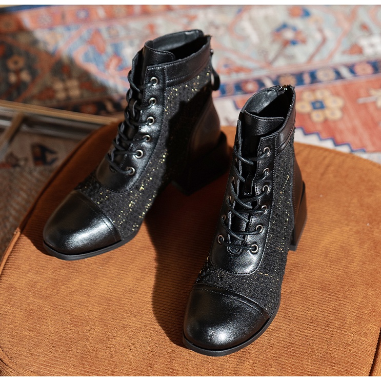 Boot Nữ Giày Bốt Kẻ Caro Cổ Cao Cao Gót 5 Phân Phong Cách Anh quốc