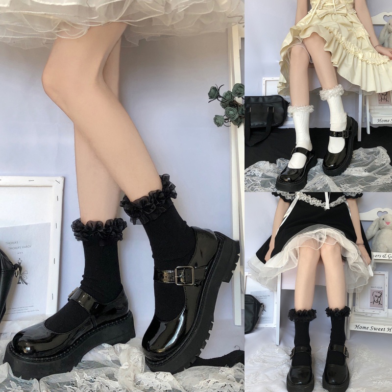 Xiangbao Vớ Cotton Nhún Bèo Màu Trơn Phong Cách Harajuku Nhật Bản Ngọt Ngào Mùa Hè Cho Nữ