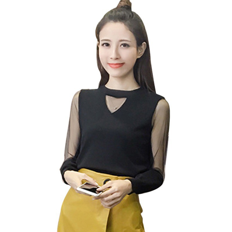 Áo tay dài phối lưới cổ chữ V thời trang cho nữ | BigBuy360 - bigbuy360.vn