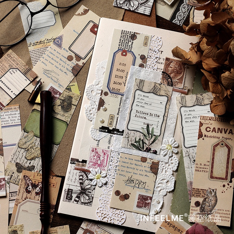 Tập 40 tờ giấy nền theo phong cách cổ điển dùng để trang trí junkjournal vintage