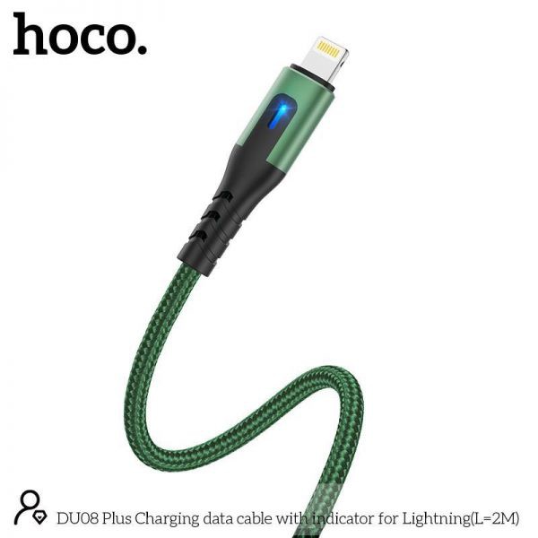 Cáp sạc Hoco DU08/DU08 Plus USB to Lightning, sạc nhanh 2.4A, dây bọc dù chống đứt, có đèn LED dài 1m/2m