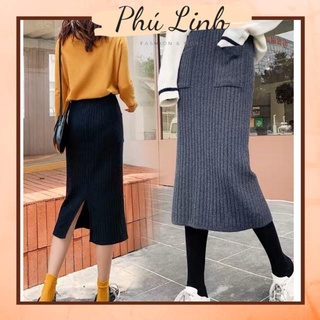 MS042 Chân váy len midi xẻ tà túi vuông