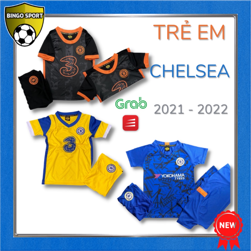 Quần Áo Bóng Đá TRẺ EM Thun Lạnh 4 Chiều Logo Thêu Nổi CHELSEA Đen, Vàng, Xanh Biển 20/21 BINGO SPORT