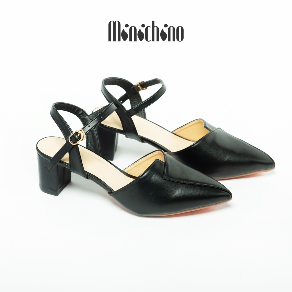 Giày cao gót nữ đế vuông cao 5cm MINICHINO mũi nhọn hở gót, phối dây thời trang màu đen TC001