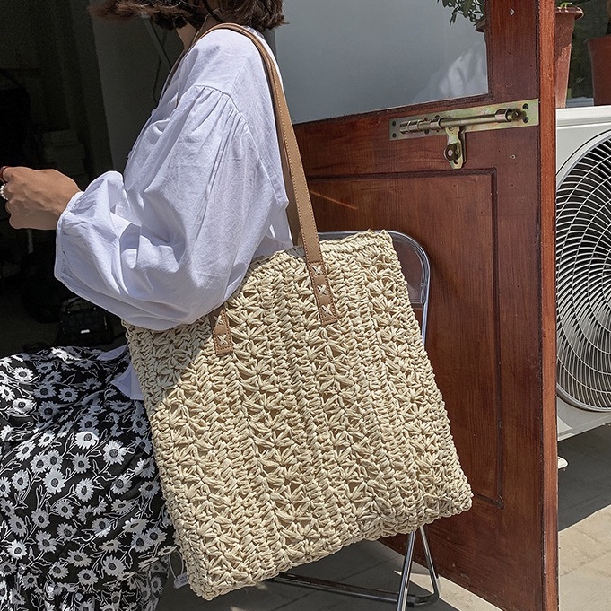 Túi cói vuông đeo vai Tote - dây da - phong cách Vintage