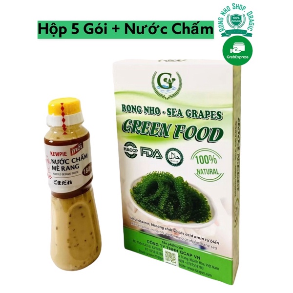 Combo Nguyên Hộp 100gr gồm (5 túi) + 1 chai  chấm mè 180ml rong nho tách nước Green Food Cao cấp Không tanh Không nhớt