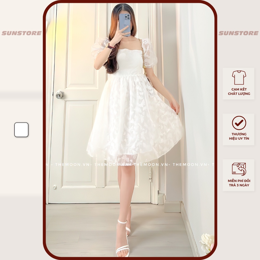 Đầm dự tiệc trắng dáng ngắn mini váy xoè hoa nổi cổ vuông hở lưng
