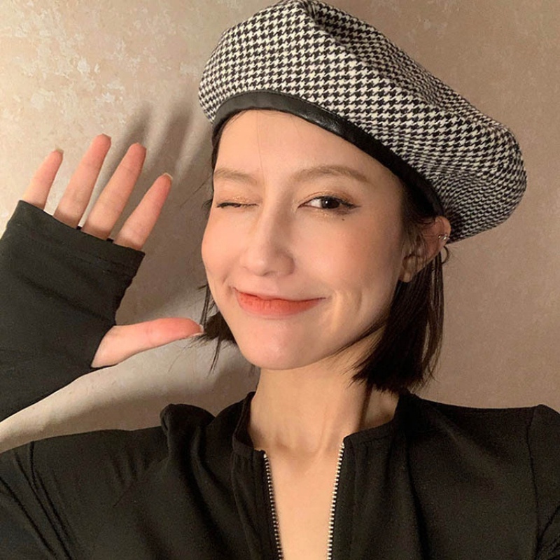 Mũ beret co giãn in họa tiết Houndstooth phong cách Hàn Quốc cho nữ