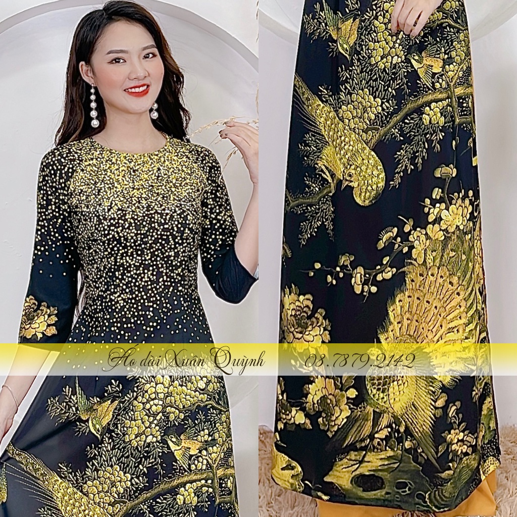 Áo Dài Phượng Hoàng Chấm Bi Sang Trọng, Lụa Habutai Mềm Mại Co Dãn K200 Đen - Áo Dài Xuân Quỳnh
