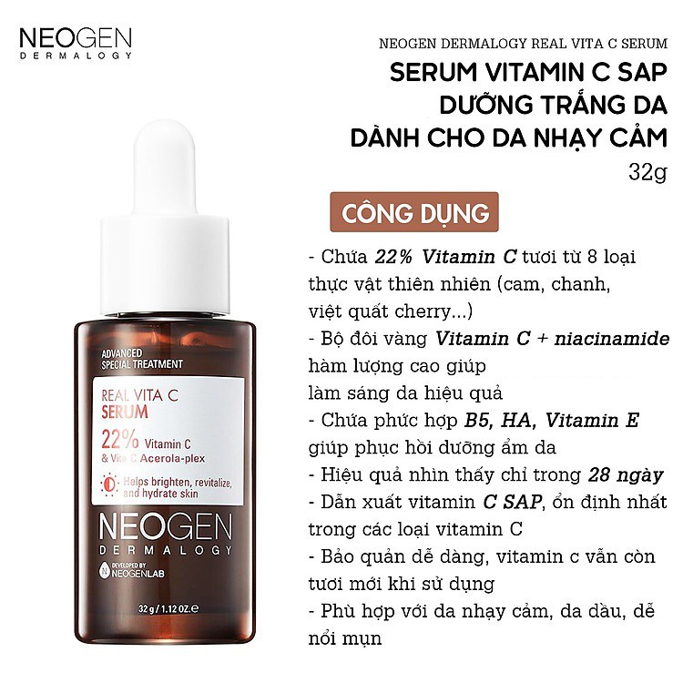 Siêu Tinh Chất Mờ Thâm Dưỡng Trắng Vitamin C SAP Neogen Dermalogy Real Vita C Serum 32g