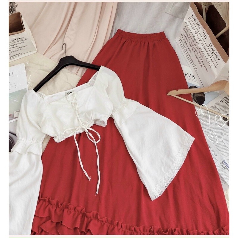 Set maxi tầng áo bẹt vai nhẹ nhàng Hakieu MSP043