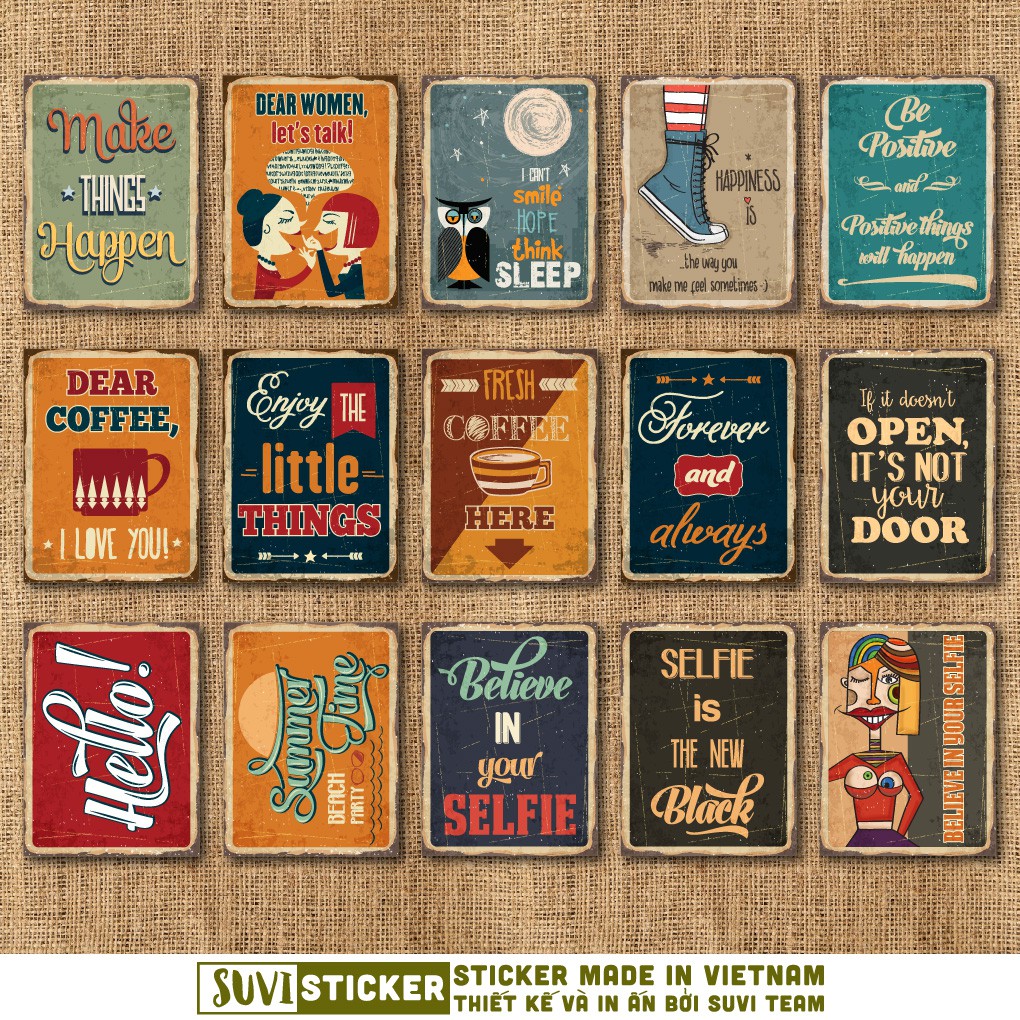 50 Sticker Vintage Quotes 2 chống nước sticker dán laptop, điện thoại, đàn guitar, mũ bảo hiểm, vali. MSP: VR22