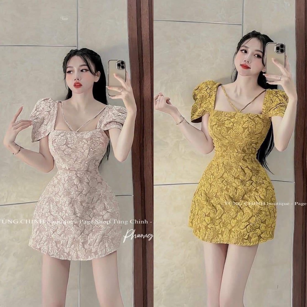 Đầm nữ xòe tay phồng cổ phối dây chất liệu gấm thời trang nữ năng động trẻ trung 2 màu như hình
