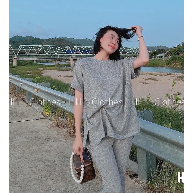 SQ030 Set Áo Thun cộc tay xám trơn form rộng Quần Ống Loe Cao Cấp Bộ Dài Nữ Quần Phối Áo Phông Phong Cách Hàn Quốc hot