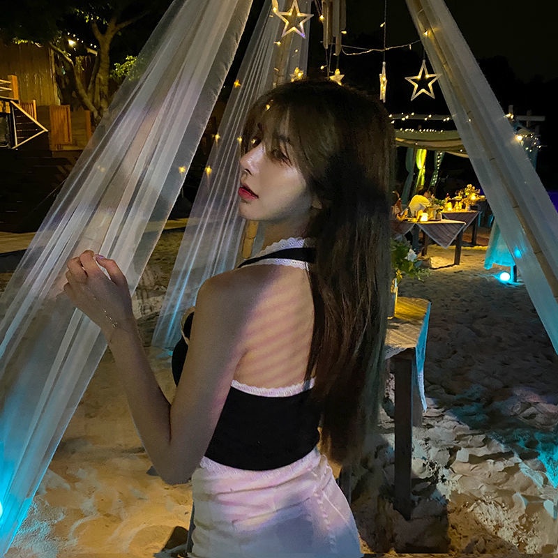 Áo Lót Dệt Kim Hai Dây Phối Ren Màu Đen Thời Trang Mùa Hè Cho Nữ | BigBuy360 - bigbuy360.vn