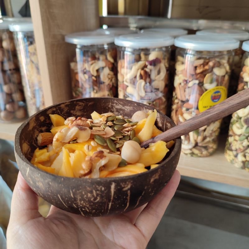 Bộ bát muỗng gáo dừa kèm thìa ăn granola ảnh chụp thật