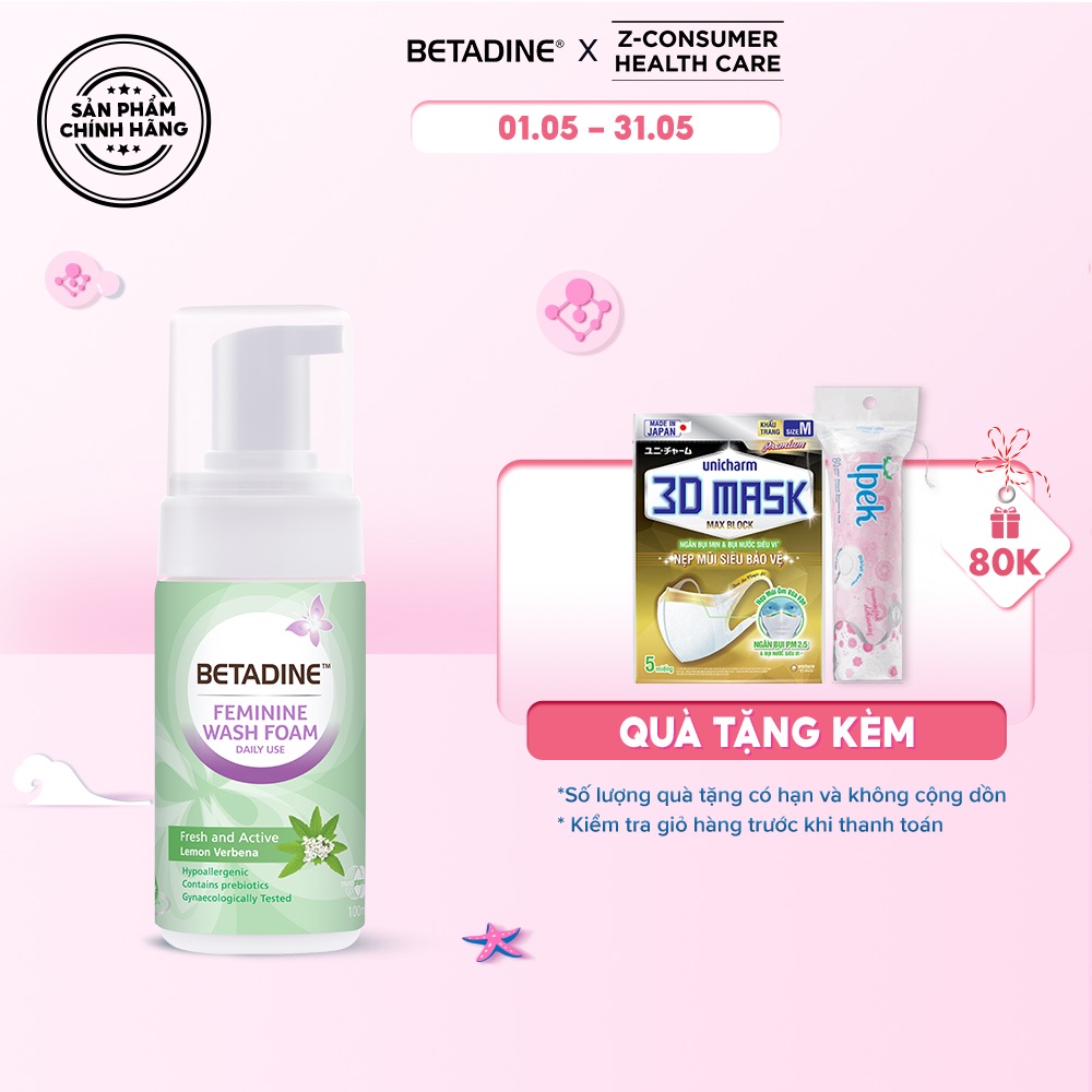 Bọt vệ sinh phụ nữ Betadine Feminine Wash Foam Daily Use Fresh &amp; Active Lemon Verbena 100ml