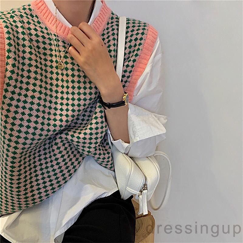 Áo Dệt Kim Không Tay Cổ Tròn Màu Sắc Tương Phản Phong Cách Retro Thời Trang Mùa Thu Cho Nữ