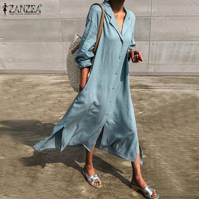 ZANZEA Đầm maxi bằng cotton dài đính nút trước thời trang mùa thu cho nữ