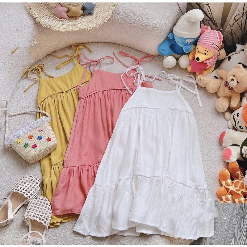 Đầm hè 2 dây cotton đũi bé gái