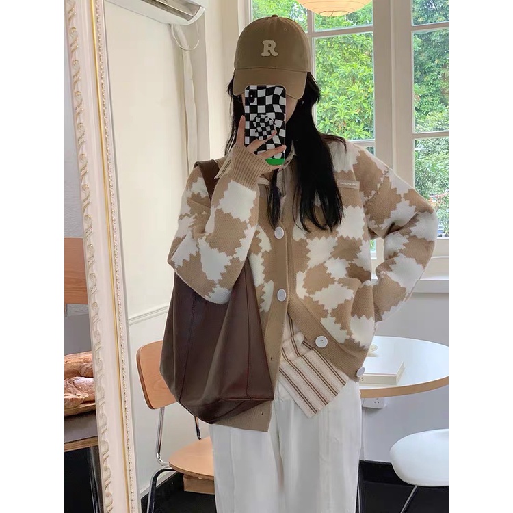 Áo cardigan Forgirl họa tiết ô vuông trơn phối viền