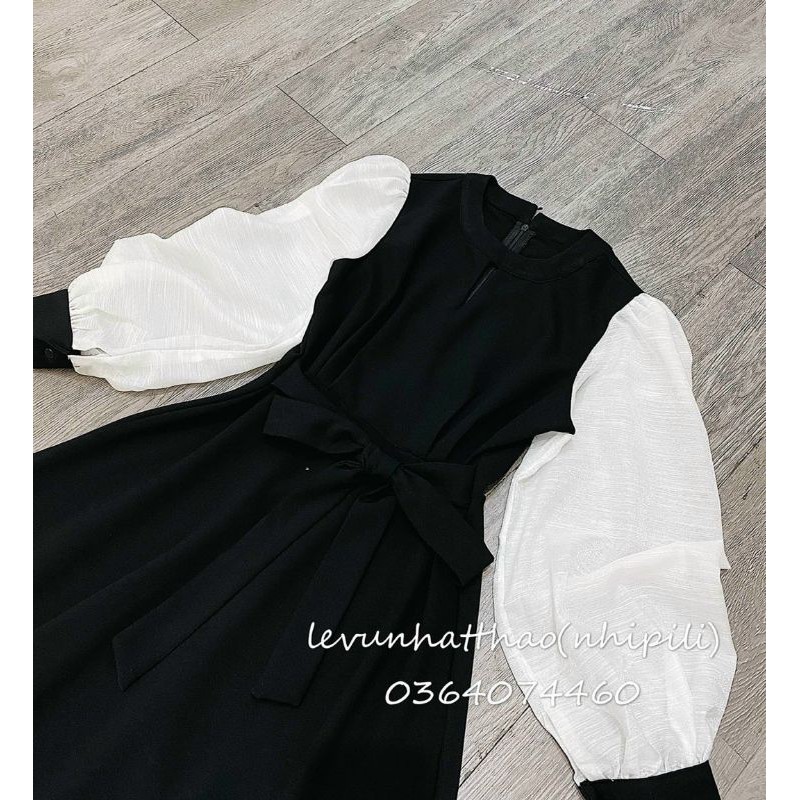 đầm đen midi xoè tay phối trắng mã 0402