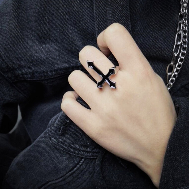1 Nhẫn Hở Hình Thánh Giá Màu Đen Phong Cách Gothic Cổ Điển