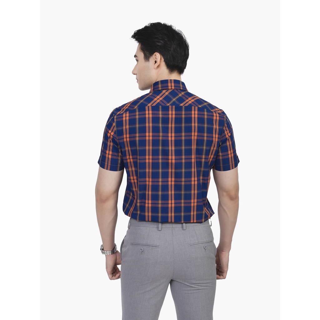 Áo Sơ Mi Nam Ngắn Tay ARISTINO ASS255S2 Somi Công Sở Cao Cấp Màu Xanh Kẻ Cam Vải Sợi Sồi Mềm Mát Dáng Ôm Không Túi